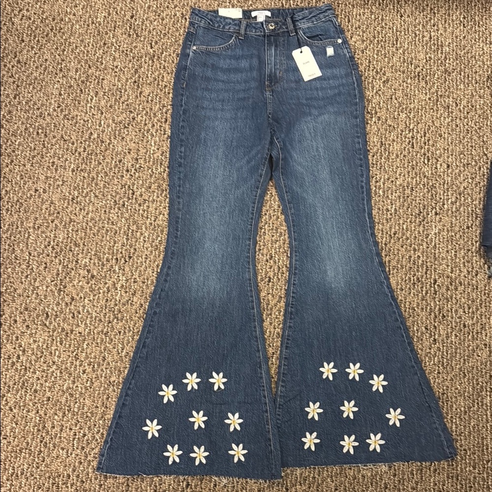 Forever 21 Blue Flare Jeans with Daisy Embroidery